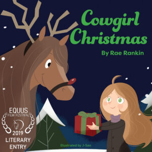 The cover of Cowgirl Christmas. A little girl holding a present and a chestnut horse dressed up as Rudolph the reindeer.
