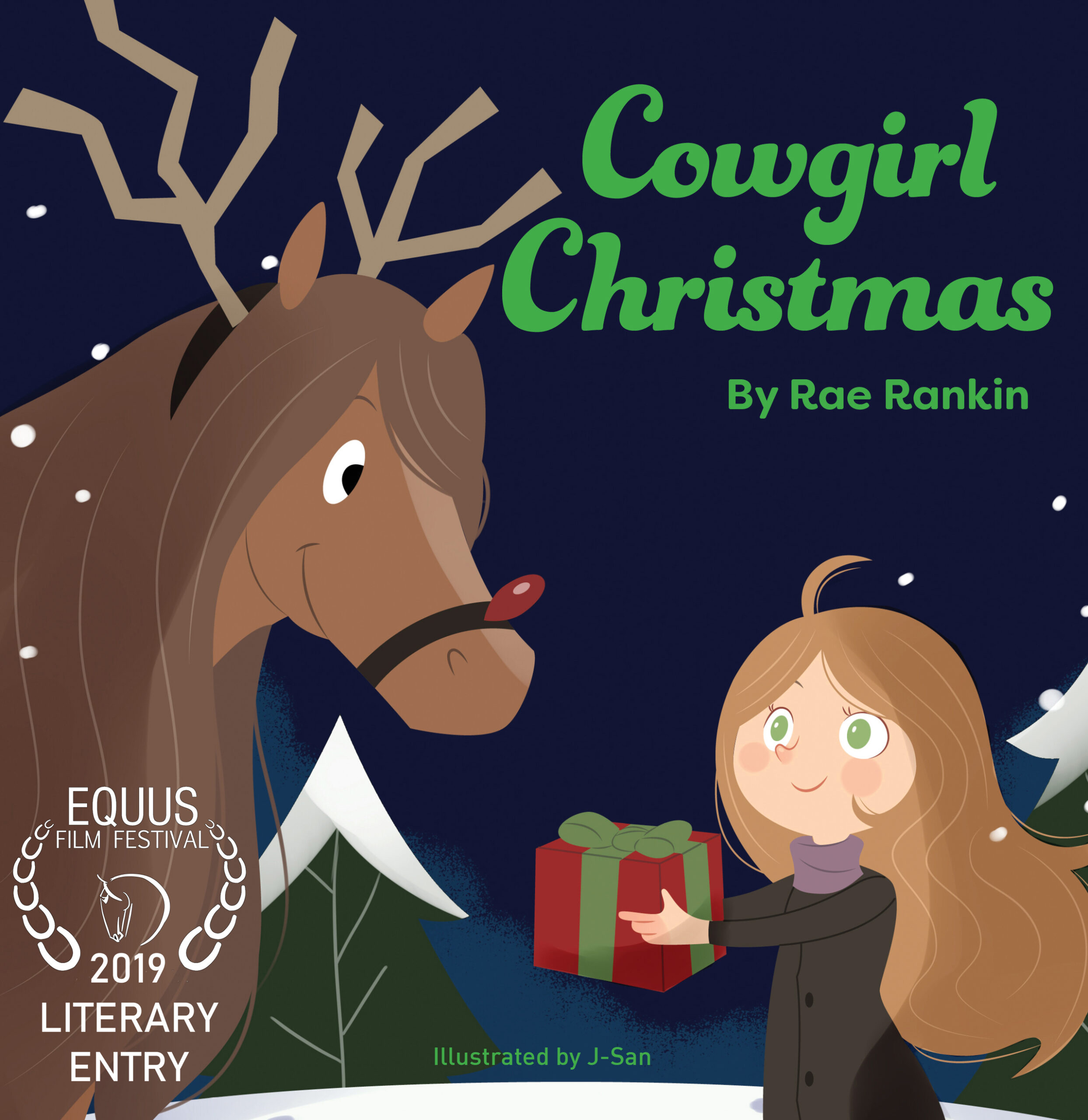 The cover of Cowgirl Christmas. A little girl holding a present and a chestnut horse dressed up as Rudolph the reindeer.