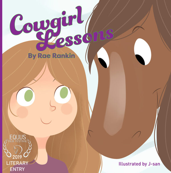 The cover of Cowgirl Lessons. A little girl with green eyes and a chesnut horse.